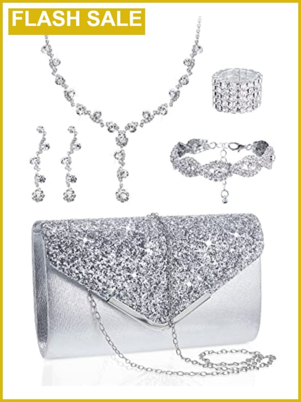 5 Pc Rhinestone Jewelry Set with Clutch Purse for Women Prom